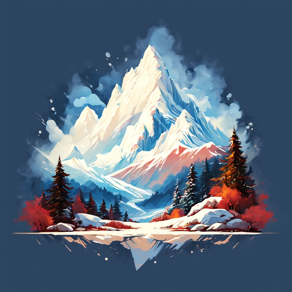 conception de t-shirt, peinture d&#39;une montagne enneigée avec de grosses chutes de neige, a peinture détaillée by Petros Afshar, gagnant du concours Shutterstock, art environnemental, peinture détaillée, art décrit, illustrations de jeu 2D, fond isolé pour le logo