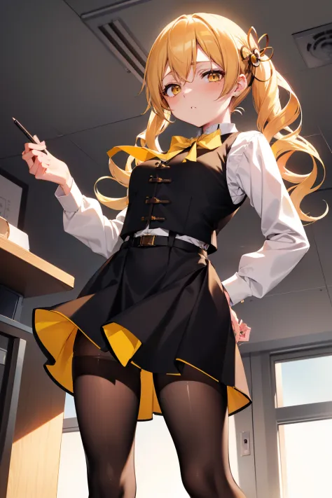 masutepiece, Best Quality, 1girl in, (Mami Tomoe), Blonde hair, poneyTail, length hair, (Yellow eyes:1.2), evening, Sunset,、((Photo from directly below))、((pencil skirts))、((Office Suits))、((Blouse))、((Black miniskirt))、((pantyhose))、((high-heels))、((vests...
