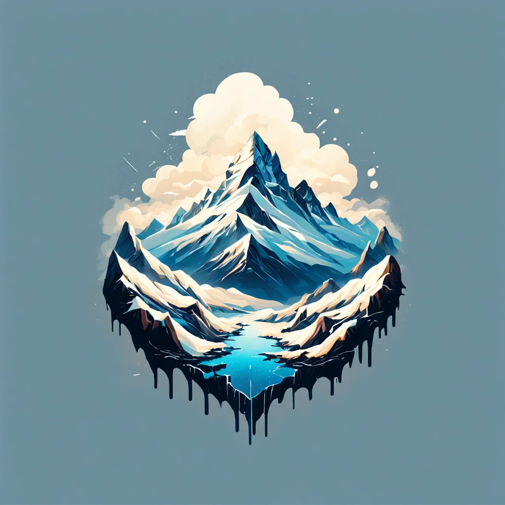 conception de t-shirt, peinture d&#39;une montagne enneigée avec de grosses chutes de neige, a peinture détaillée by Petros Afshar, gagnant du concours Shutterstock, art environnemental, peinture détaillée, art décrit, Art minimal 2D, fond isolé pour le logo