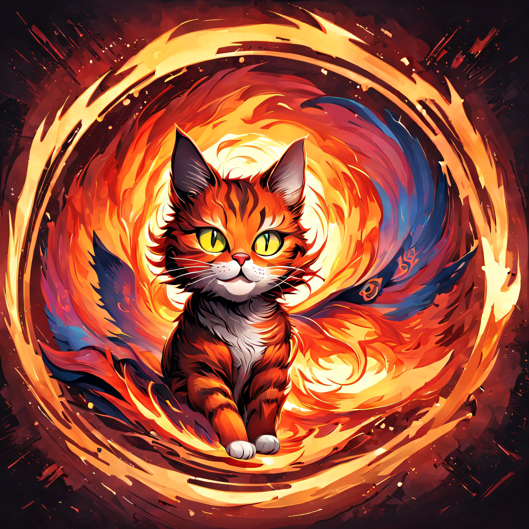 a cat with a circular design on its face, with a circular background, vector art by Shen Zhou, shutterstock, digital art, digital art highly detailed, high definition background, cat of fire flying, digital painting highly detailed, high quality hd digital art, digital art. highly detailed, hd vector art, digital art highly-detailed