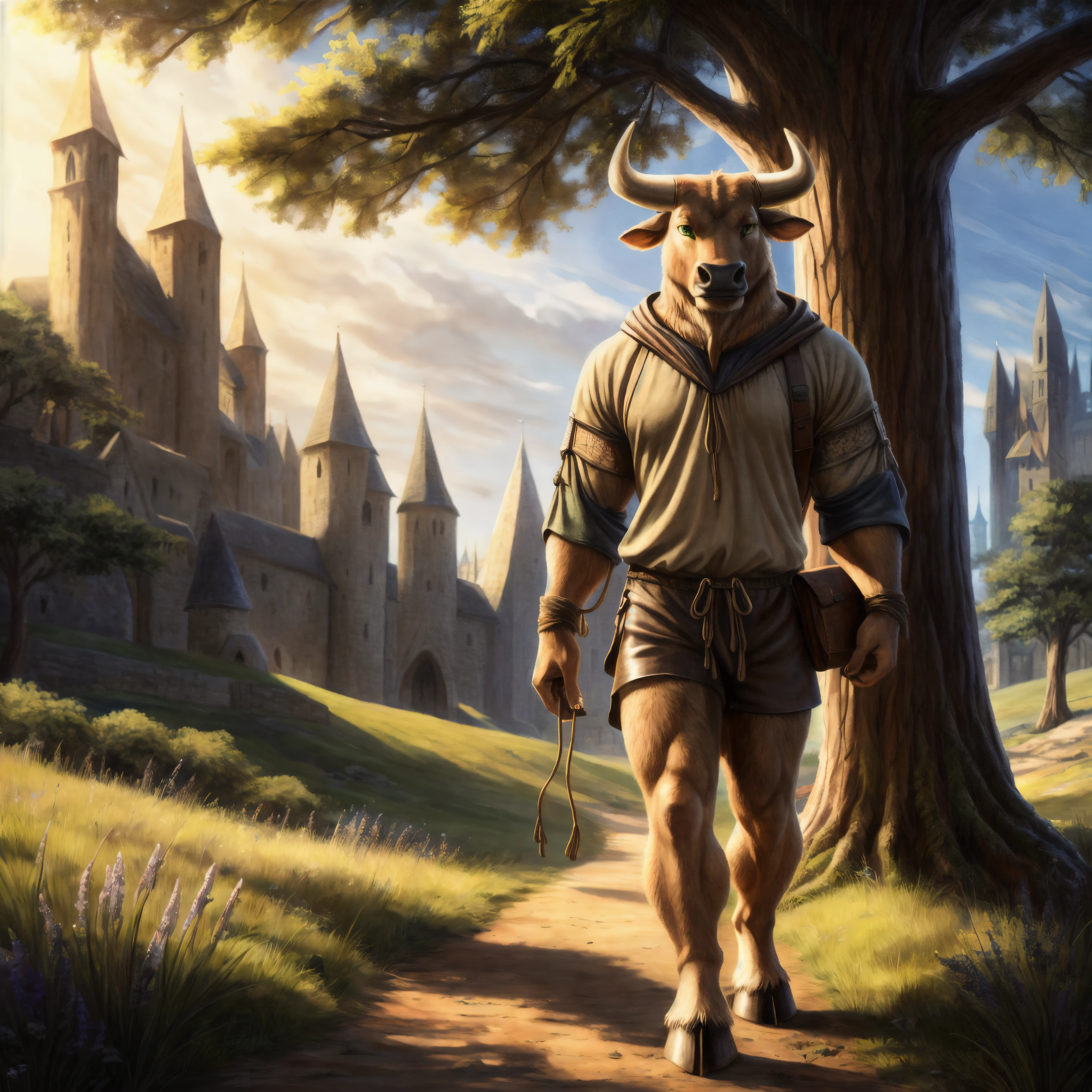 an anthro bull walking along a dirt road during the day, ((nj5furry, solo, walking, masterpiece, anthro, male, bull-face, medium-length horns, tan colored horns: 1.5, bovine tail: 1.2, muscled body, hooves, tan colored hooves: 1.2, two-tone fur, detailed fur, brown and white furred body, small leather satchel)), calm expression, (green eyes, (loose medieval tan drawstring shorts: 1.4, loose medieval shirt: 1.4)), grasslands background, small village background, large tree background, (animals: 0.0, people: 0.0), best quality,4k,8k,highres,masterpiece:1.2), ultra-detailed,(realistic,photorealistic,photo-realistic:1.37),drawn with colored pencils, richly detailed, traditional style landscapes, scenic beauty, green grass, beautifully detailed trees, fine textures, soft and vibrant colors, sunlit atmosphere, tranquil and peaceful ambiance, impressionistic brush strokes, focus on foreground and background, depth and perspective, ethereal lighting effects, close-up camera angle