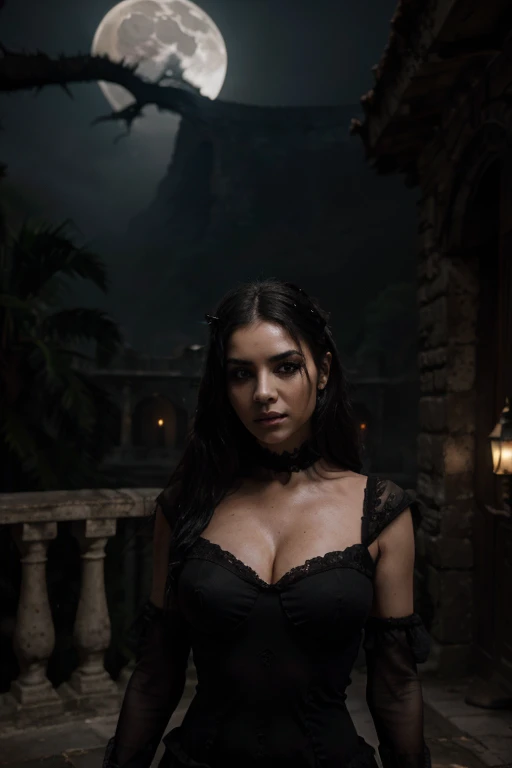 hermosa mujer vampiro vestida con un vestido victoriano ombros descubiertos, ojos azules, de cuerpo entero con ojeras, cde pie en un balcon de un castillo tenebroso viejo y abandonado, La noche está envuelta en una densa niebla y la luna está llena., terror , horror, adentro, distorsionado, cielo, niebla, en eso, polvo, templo en ruinas, miedo, Criaturas sombrías, obra maestra, ultra alta resolución, alta calidad, iluminación cinematográfica, luana mediana