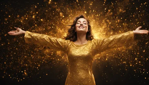 uma pessoa sorrindo, with open arms, surrounded by golden particles of light, representing the attraction of the desired reality...