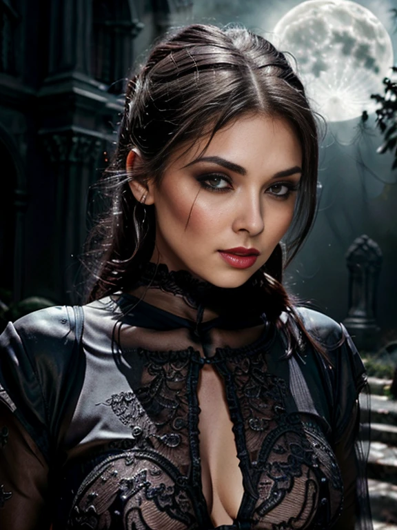beautiful vampire woman dressed in a Victorian dress with bare shoulders, blue eyes, full body with dark circles, standing on a balcony of an old and abandoned spooky castle, The night is shrouded in a dense fog and the moon is full, terror , horror, inside, distorted, sky, fog, in it, dust, ruined temple, fear, Grim creatures, Masterpiece, ultra-high-resolution, high quality, cinematography lighting, medium luana