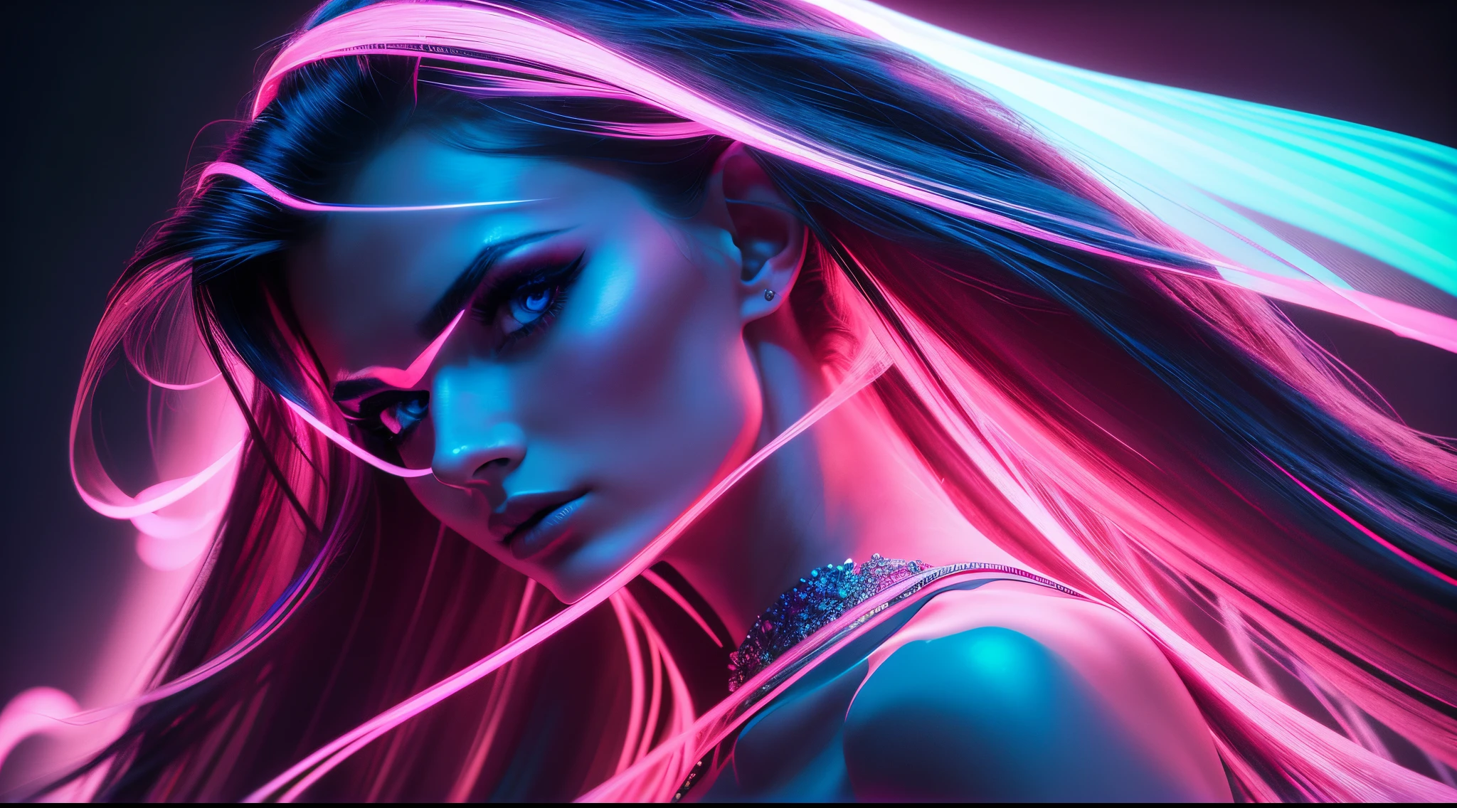 A woman with long hair and neon lights in a dark room SeaArt AI