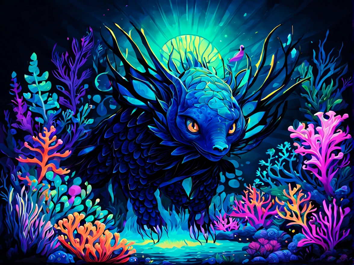 ((((black light poster art)))), craft an intriguing art piece featuring a mythical creature from the depths of an underwater realm, its iridescent scales shimmering in the ethereal glow, surrounded by an array of glowing sea flora and fauna