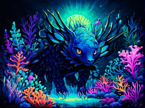 ((((black light poster art)))), craft an intriguing art piece featuring a mythical creature from the depths of an underwater rea...