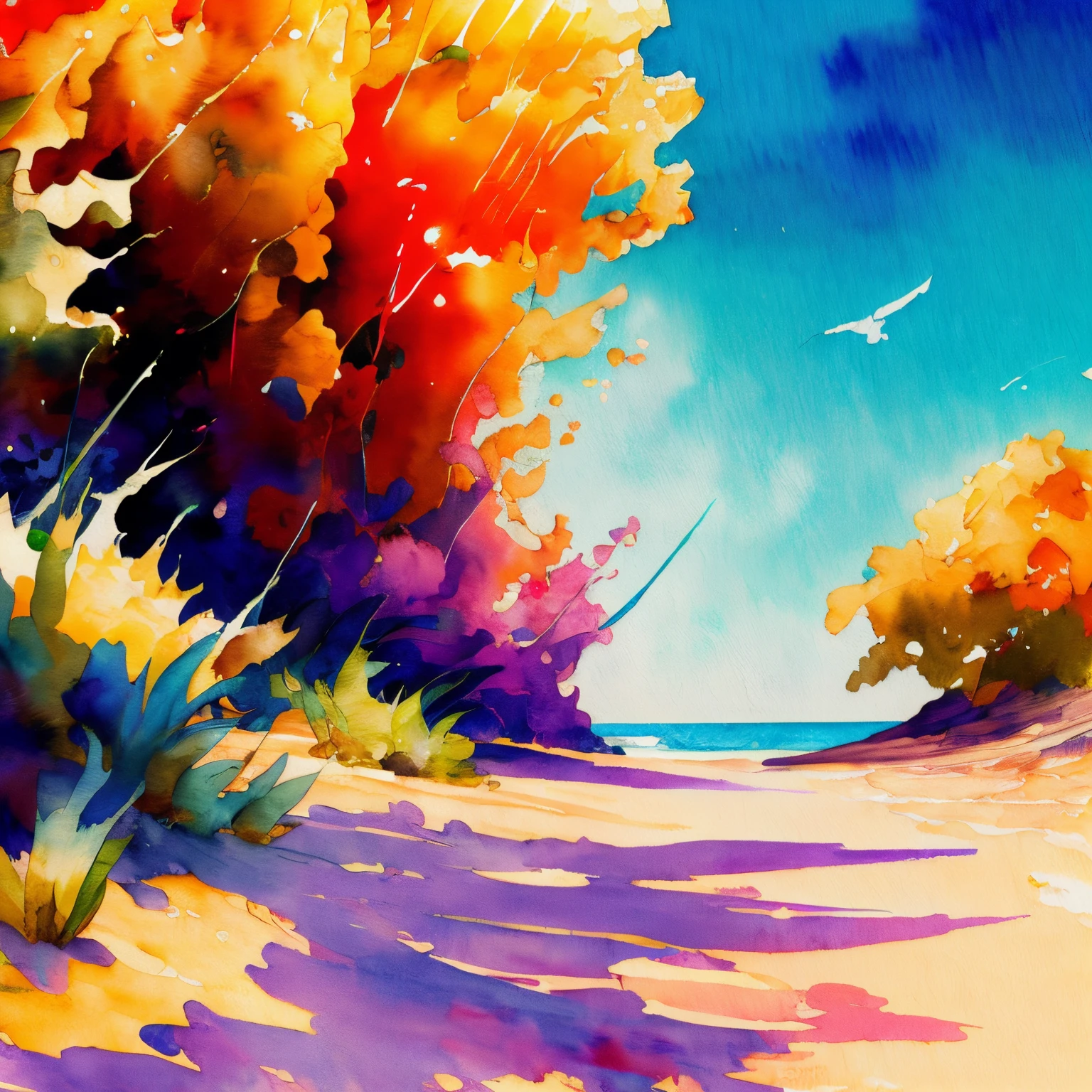 Painting of a beach, wtrcolor style,  spectacular, colourful, official art, masterpiece, Beautiful, ((watercolor)), paint splatter, intricate details. Highly detailed, detailed, [dripping:0.5], Trending on artstation, by Rachel Walker, looking like a real painting,  vibrant colours, paint dripping, brush strokes,  extra paint splatters, a lot of paint dripping, paint in the background, no people