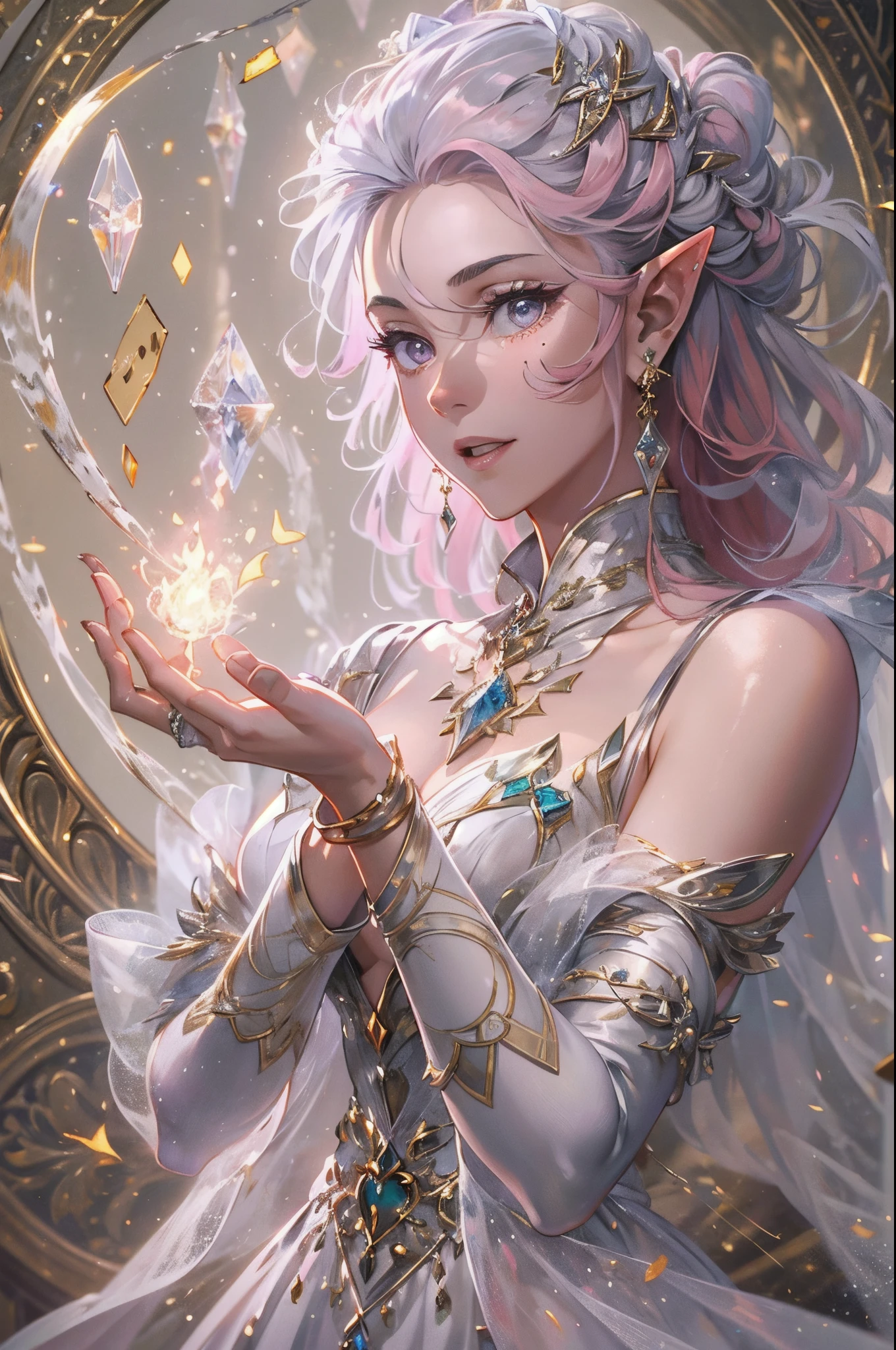 ((Shot Full Body)), The woman, A Young Face, curly hair, (pink hair:1.3), lilac eyes, sparks, hair in a bun, white spots on the face, (Elf with pointy ears), calm face, endearing smile, enchantress, magical confident pose, (White Elven Dress, silver details, Ornaments, long sleeves, tapes:1.3). (silver bracelet on wrist). Fantasy, Ultra Detailed, Movie Lighting, painting, Iconography, tarot, Full-HD, Alphonse Mouxf