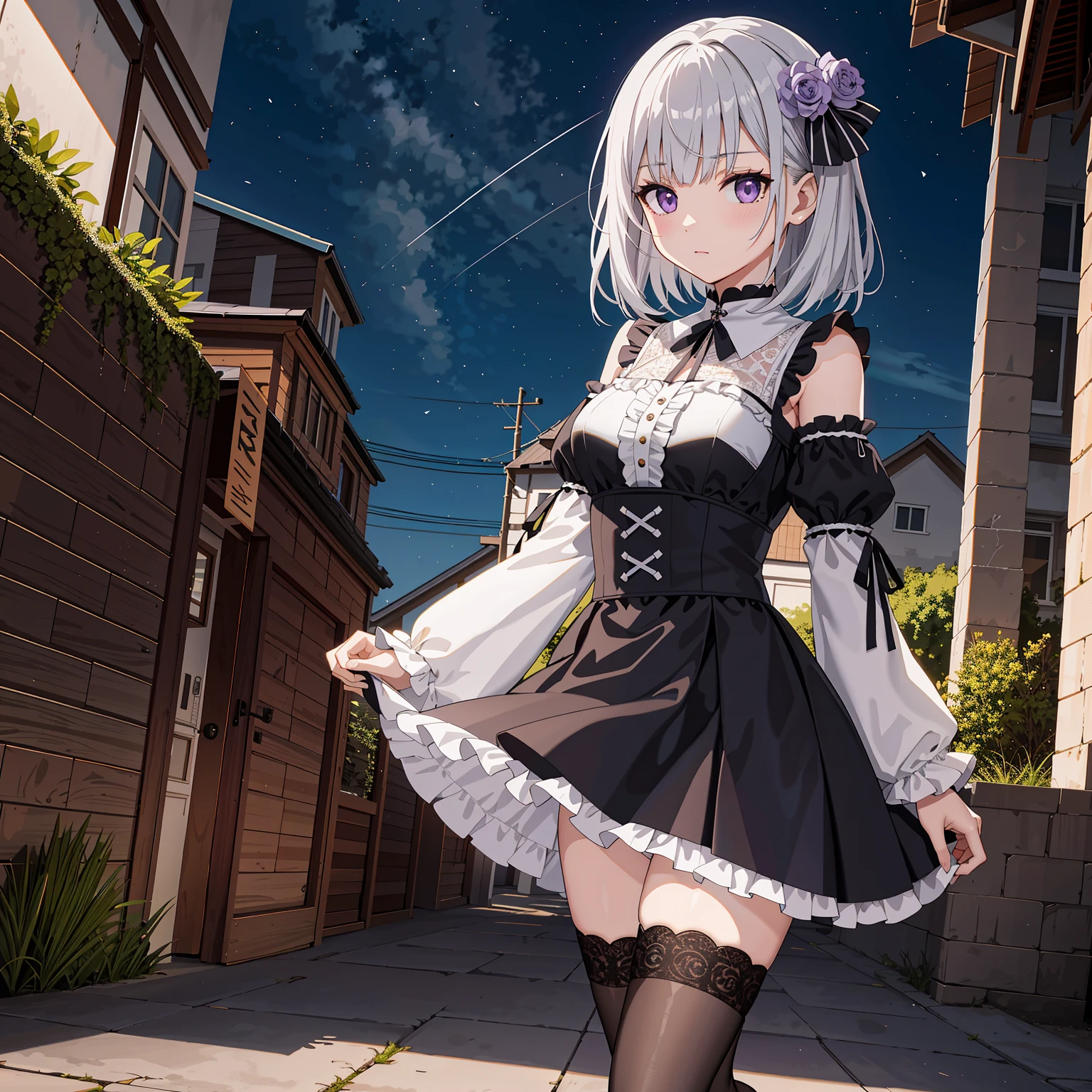 (masterpiece), best quality, high resolution, extremely detailed, detailed background, cinematic lighting, outdoor, 1girl, medium hair, silver hair, crossed bangs, purple eyes, medium breasts, white shirt, black dress, drastic hair ornaments, skirt, frills, lace rims, frilled sleeves, frilled skirt, thighhigh, ankle boots, looking at viewer,