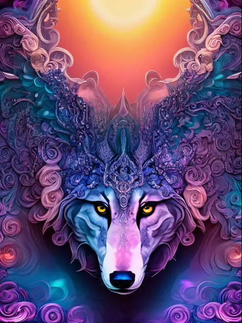 "only a big wolf Furry face in center in a psychedelic and surreal spiral world, ultra-detailed, with vibrant colors and lighting effects, creating a masterpiece with 8k and 4k resolution.wolf Furry is depicted with intricate details, merging with the surr...