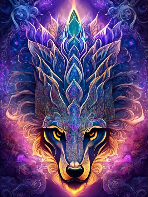"only a big wolf Furry face in center in a psychedelic and surreal spiral world, ultra-detailed, with vibrant colors and lightin...