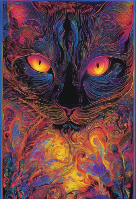 Black light art，black cats，high saturated，hight contrast，vivd colour，mysterious hallucination，ultradetailed，ultraclear，hyper-detailing，tmasterpiece，