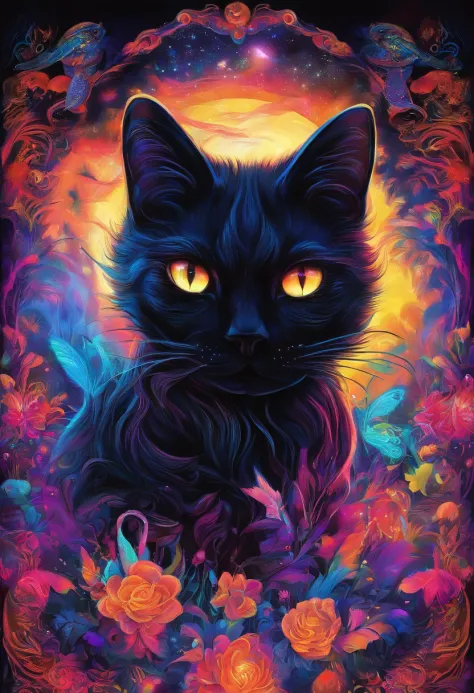 Black light art，black cats，high saturated，hight contrast，vibrant with colors，ultra - detailed，ultraclear，hyper-detailing，tmasterpiece，