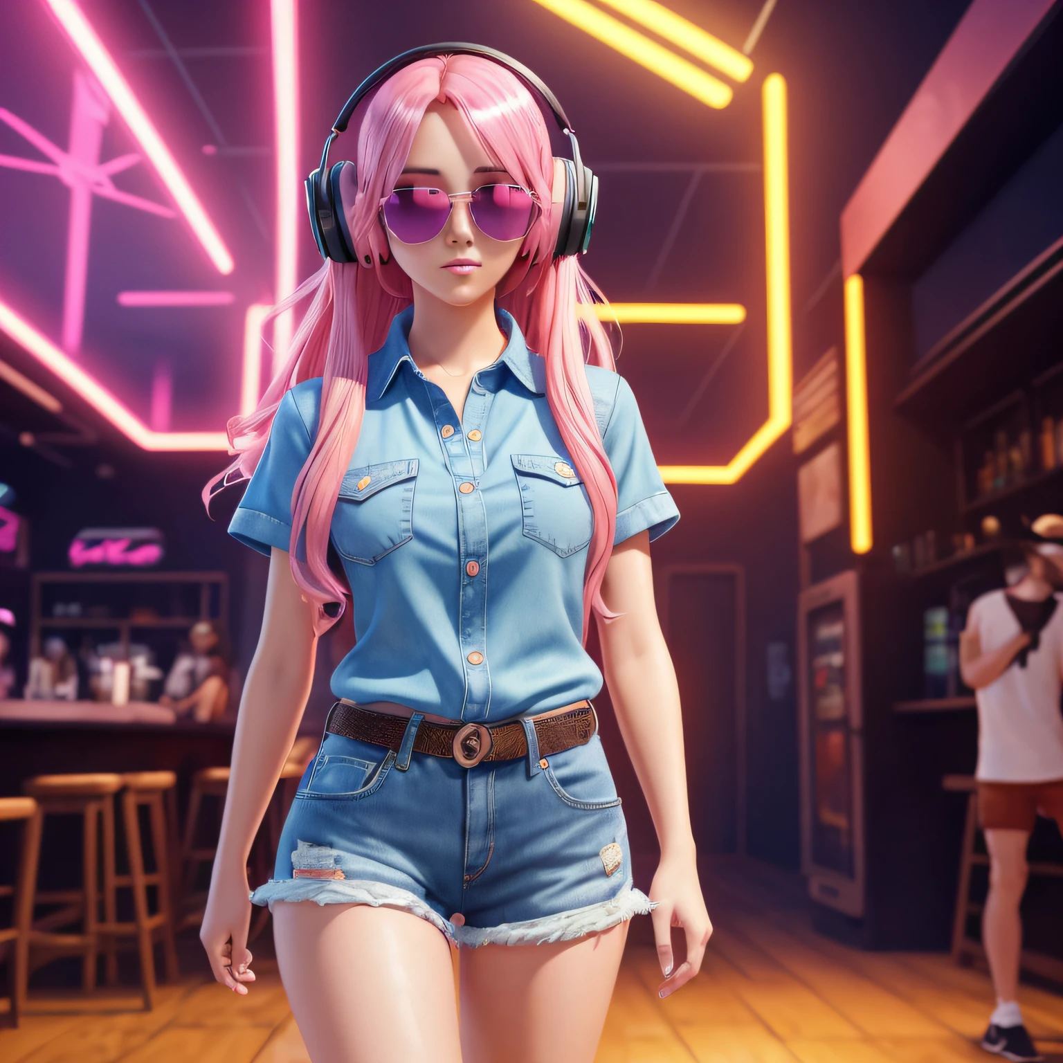 Masterpiece, best quality, (very detailed CG unity 8k wallpaper) (best quality), (best illustration), (best shadows), full body, beautiful face, long pink hair, anime, busty, short sleeve button up hawaiian shirt, jean shorts, dancing in dark room, neon lights, wearing headphones, wearing sunglasses