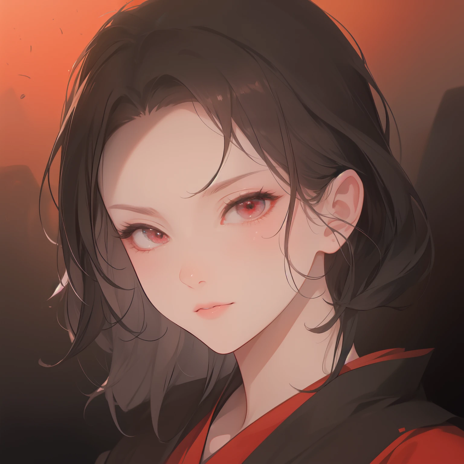 a close up of muzan kibutsuji (Genderbender) with a red shirt and black hair, anime style 4 k, stunning anime face portrait, beautiful anime portrait, anime style. 8k, anime art wallpaper 4k, anime art wallpaper 4 k, anime art wallpaper 8 k, anime style portrait, portrait anime girl, beautiful anime face, digital anime art, anime wallpaper 4k, red eyes, glowing eyes, smile, vampire fangs, detailed iris, cat iris, derailed cat iris, glowing red eyes, Translucent porcelain-like skin