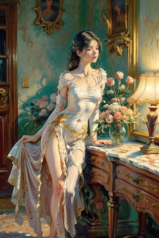 painting,roses,beautiful detailed body,delicate skin tones,soft lighting,romantic atmosphere,evocative,passion,realistic,subtle brushstrokes,impressionistic background,implied sensuality,classic art style,vibrant colors,graceful poses,elegance,long stem roses,painting on canvas,studio lighting,intimate setting,artistic composition,implied story,professional artwork,natural beauty,feminine allure,subdued color palette,seductive,artistic expression,harmonious,sublime,artistic masterpiece,dazzling,painterly,exquisite details,figurative,visual poetry,ethereal