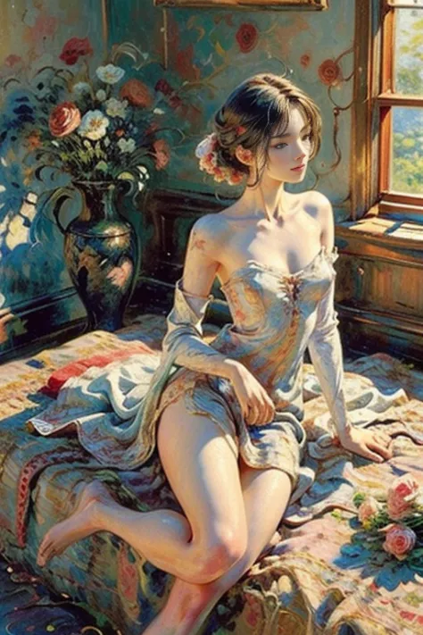 painting,roses,beautiful detailed body,delicate skin tones,soft lighting,romantic atmosphere,evocative,passion,realistic,subtle ...