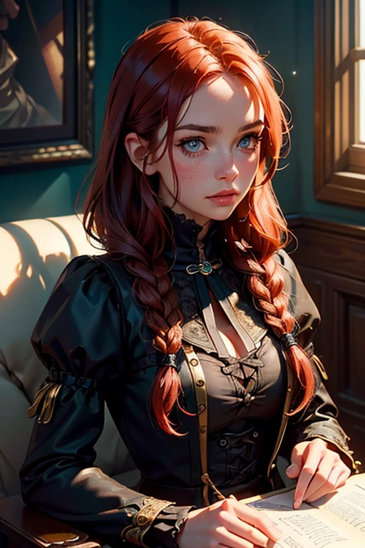 Romantic steampunk gothic style, Masterpiece, Color photo, best quality, 8k, ArtStation, sharp focus, ultra realistic, high details, Raw photo, long bright red hair, simple braid, Freckle, lace revealing body, amazing body , pronounced feminine feature, (Redhead:0.4), (photorealistic:1.3), (highest quality:1.3), (film grain:1.3), (The best photography in the world:1.3), (Professional photo :1.3), (Detailed details:1.3), (Cinematic lighting:1.3), (Cinematic color:1.3), Maximum depth of field, Film photography, (Intricate details:1), (hyperdetail:1), (((SFW ))) Looking into the camera, sitting on Old Street, 1800s Steampunk Gothic, (Megan Fox:0.6) (Jessica Simpson:0.6) Golden hour, light in her eyes, glamorous face