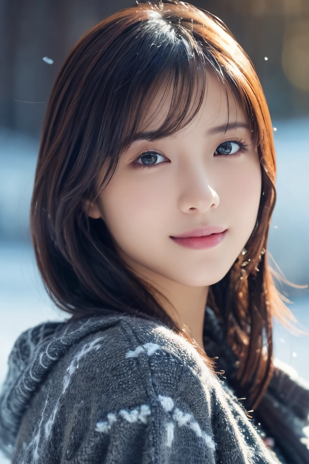 1girl in, (Wear winter clothes:1.2), (Raw photo, Best Quality), (Realistic, Photorealsitic:1.4), masutepiece, Extremely delicate and beautiful, Extremely detailed, 2k wallpaper, amazing, finely detail, the Extremely Detailed CG Unity 8K Wallpapers, Ultra-detailed, hight resolution, Soft light, Beautiful detailed girl, extremely detailed eye and face, beautiful detailed nose, Beautiful detailed eyes, Cinematic lighting, Winter scene, Perfect Anatomy, Slender body, Taut, 
Straight semi-long hair, Bangs, Looking at Viewer, A slight smil