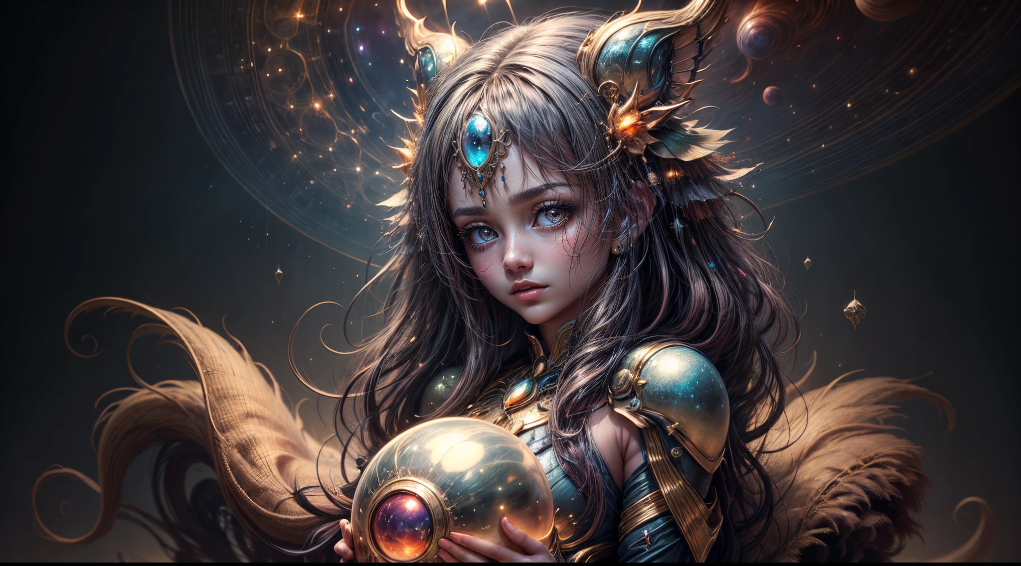 "来自星星的少女, (閃閃發光的毛皮), 天體天線, 奇蹟之殼, 行星夢境, (宇宙結界), 超現實藝術, 充滿活力和外星人的調色板"