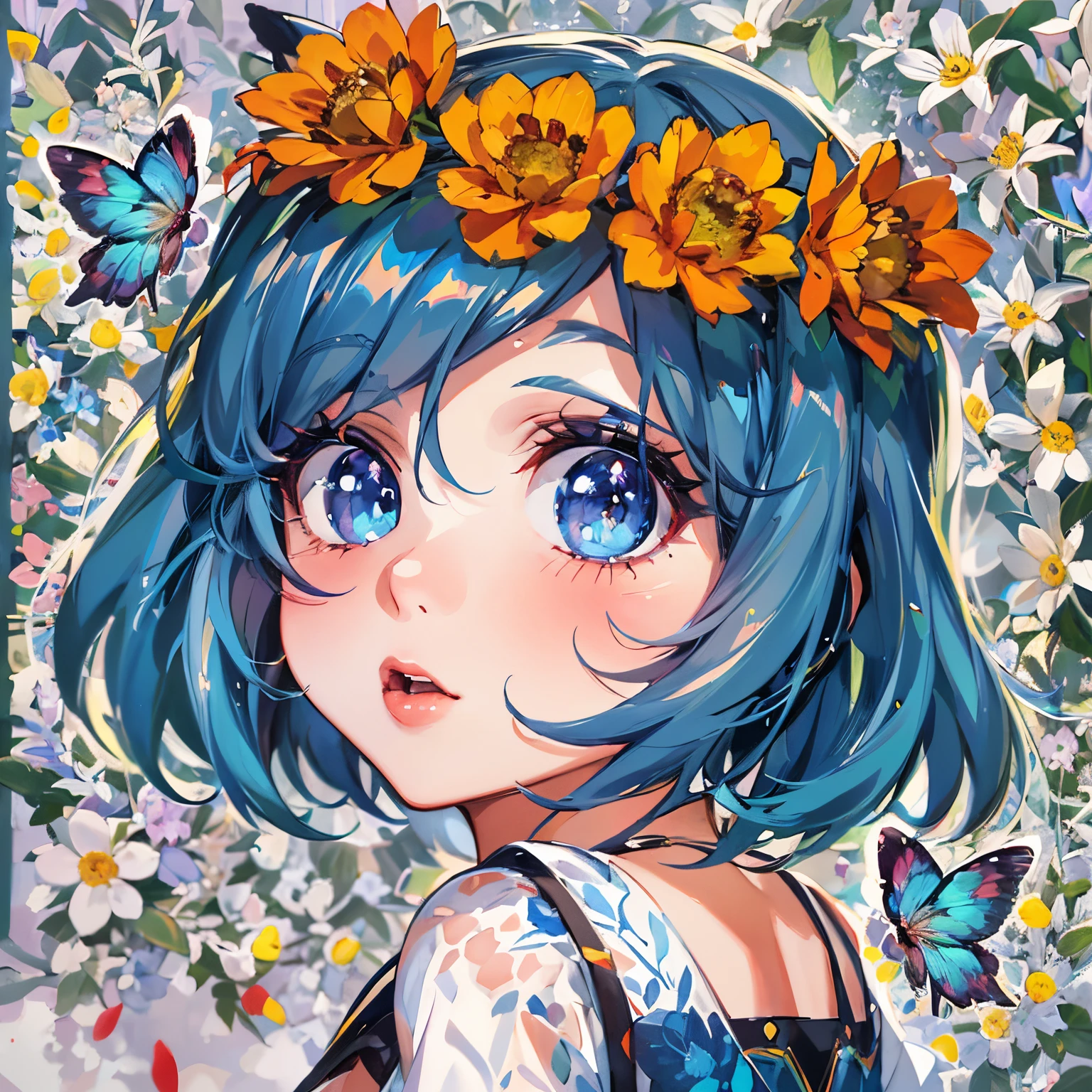 un primer plano de una niña de dibujos animados con cabello azul y flores en el cabello, beautiful estilo de arte animado, estilo animado 4 k, estilo animado Retrato, kawaii Realista Retrato, estilo de arte animado, arte de anime digital detallado, Estilo artístico del anime Moe, beautiful estilo animado, estilo artístico anime, Realista estilo de arte animado, beautiful anime Retrato, estilo animado. 8K, estilo animadod digital art (mejor calidad,4k,alta resolución,obra maestra:1.2),ultra detallado,Realista,photoRealista:1.37,Retrato,Hermoso rostro,Ojos chispeantes,nariz delicada,labios deliciosos,Textura de piel perfecta,Cabello detallado,expresiones sutiles,iluminación suave,pinceladas finas,colores vívidos,sombras sutiles,composicion profesional,alto nivel de realismo,iluminación de estudio,bokeh