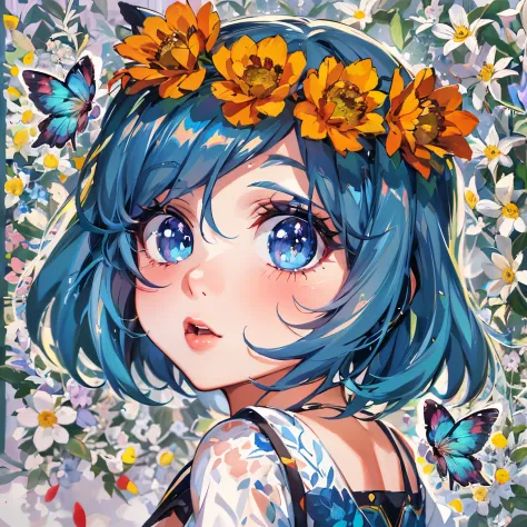a close up of a cartoon girl with blue hair and flowers in her hair, beautiful anime art style, anime style 4 k, anime style por...