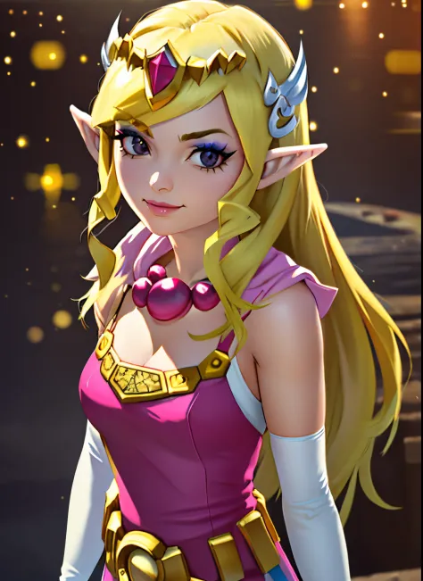 toon zelda, 1girl, solo, long hair, smile, blonde hair, gloves, dress, jewelry, pointy ears, elbow gloves, belt, necklace, black...