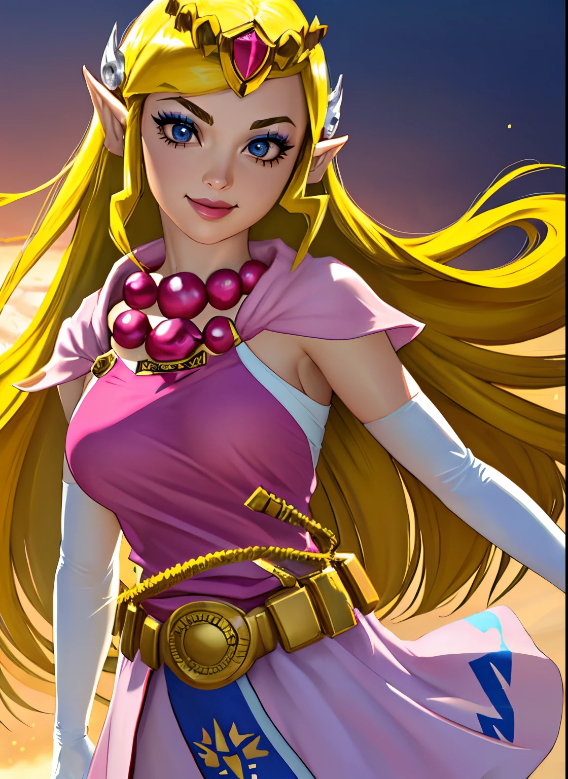 (best quality,4k,8k,highres,masterpiece:1.2),ultra-detailed,(realistic,photorealistic,photo-realistic:1.37),toon zelda,1girl,solo,long hair,beautiful detailed eyes,beautiful detailed lips,smile,blonde hair,gloves,dress,jewelry,pointy ears,elbow gloves,detailed belt,necklace,black eyes,makeup,tiara,eyeshadow,pulling up elbow glove to arm,toon style, vibrant colors,playful lighting.