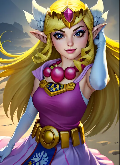 (best quality,4k,8k,highres,masterpiece:1.2),ultra-detailed,(realistic,photorealistic,photo-realistic:1.37),toon zelda,1girl,solo,long hair,beautiful detailed eyes,beautiful detailed lips,smile,blonde hair,gloves,dress,jewelry,pointy ears,elbow gloves,detailed belt,necklace,black eyes,makeup,tiara,eyeshadow,pulling up elbow glove to arm,toon style, vibrant colors,playful lighting.