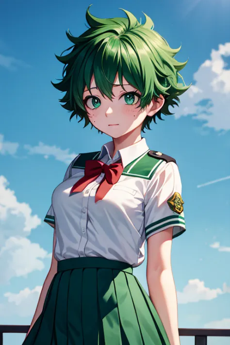 A feminine Izuku Midoriya with green hair and green eyes in the UA school uniform