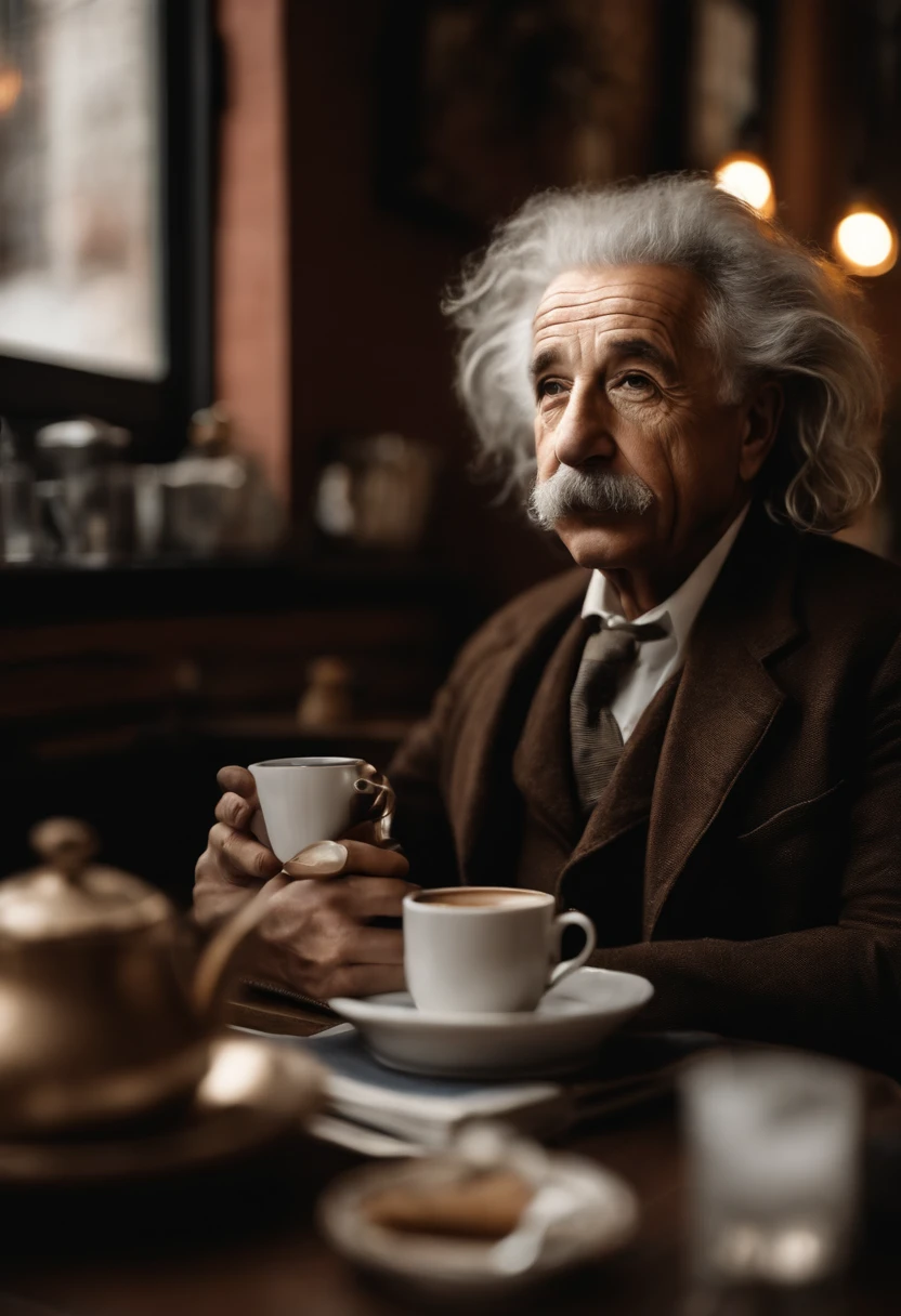 A photo of Einstein sitting in a coffee shop, sipping on a cup of hot tea while engrossed in a book on relativity theory.,original,Einstein’s appearance was iconic, with his wild, unkempt hair, bushy mustache, and piercing eyes often giving him a thoughtful and slightly disheveled look. He typically dressed in a simple, non-flashy manner, favoring comfort over style. , male