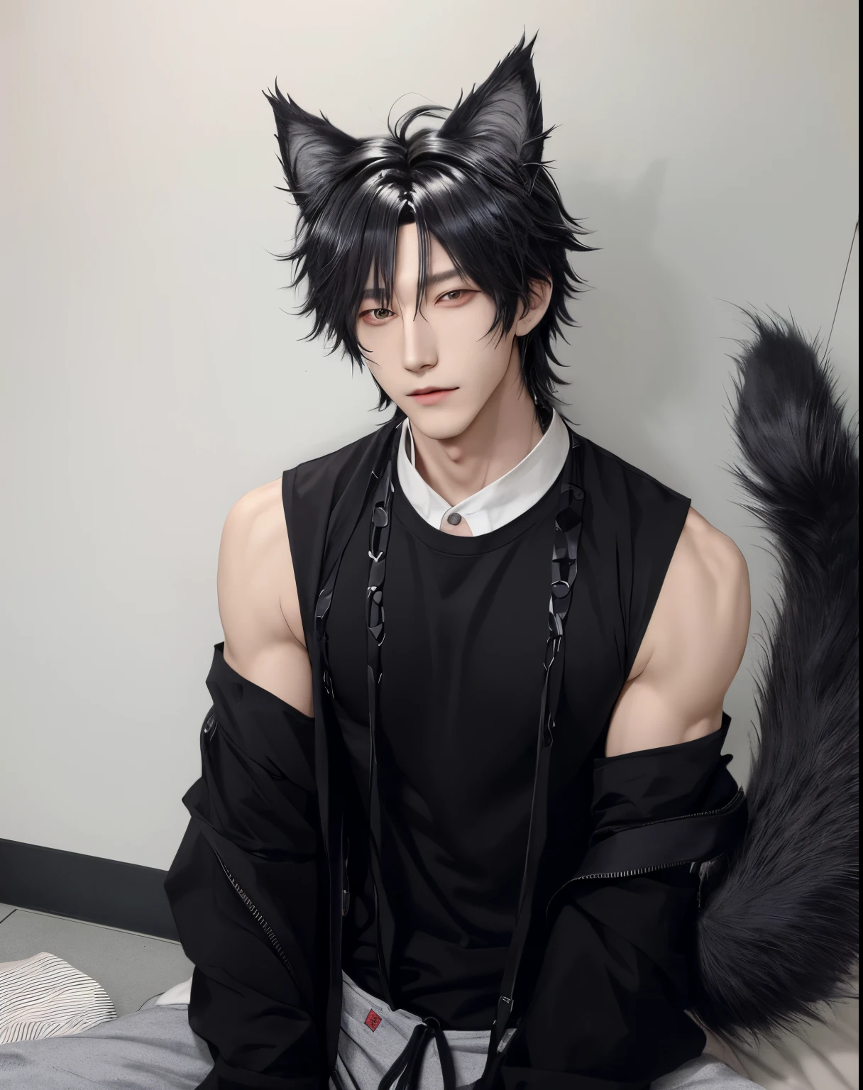 Arafed male in a black shirt and a black cat tail - SeaArt AI