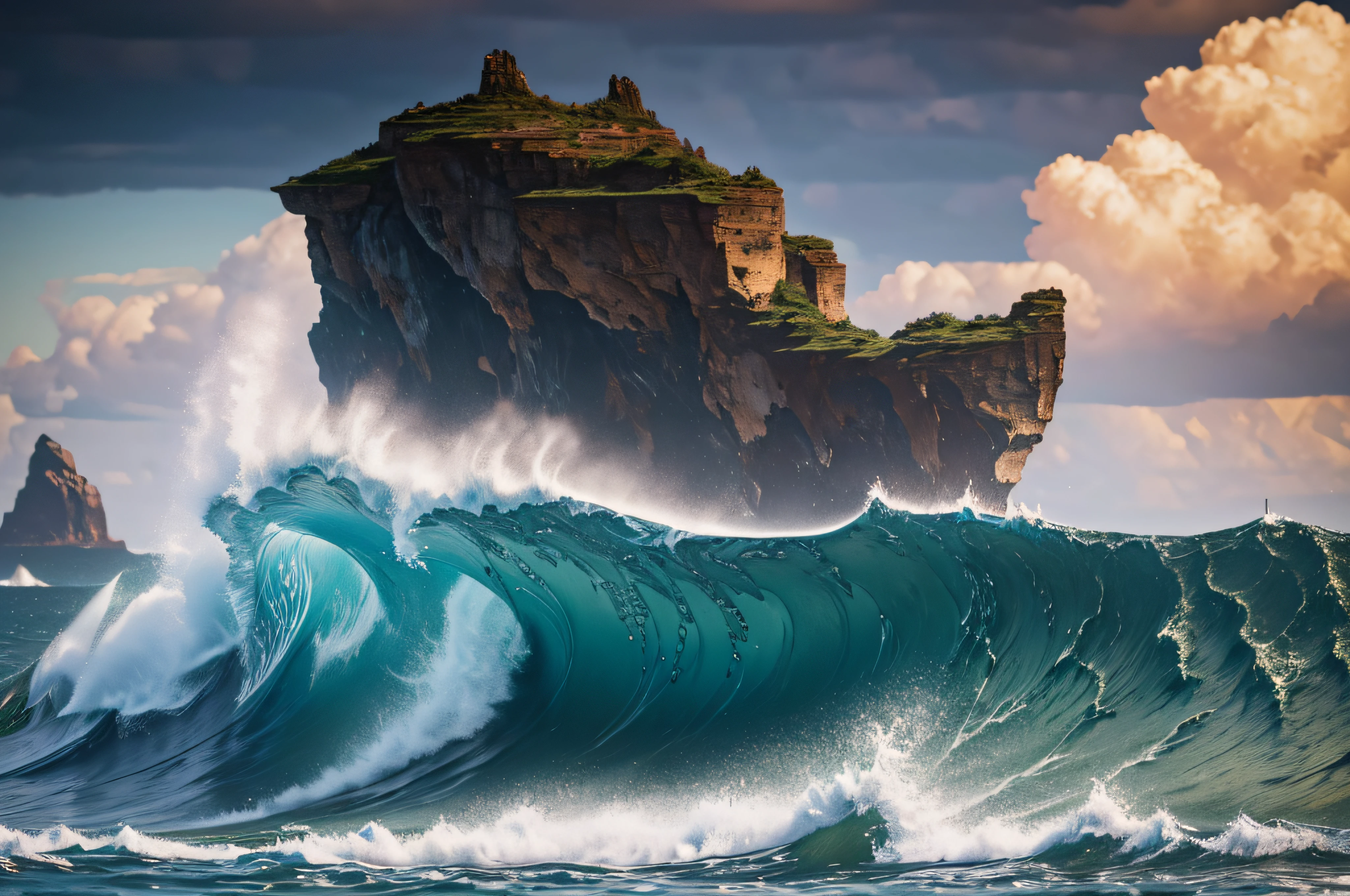 (um pequeno barco de madeira com dois remos, vazio, sem pessoas, sendo carregado por uma onda gigante) (best quality, HDR, ultra-detalhado, Realistic:1.37), cores vibrantes, impressive lighting, master part:1.2, high resolution photorealistic ocean waves crashing into the boat, capturing the immense power and turbulence, exquisite attention to detail in the boat&#39;s distressed wooden texture, showing the crafts and history, raios sutis de luz solar atravessando o spray das ondas, illuminating the scene with a magical glow from the boat, elegantemente posicionado na crista da onda, symbolizing the fragility and resilience of the dynamic composition of human endeavor, highlighting the contrast between the vastness of the open sea and the fragile wave boat, elevando-se bem acima do barco, exuding a sense of wonder and danger, com espuma intrincada e salpica os remos do barco, meticulosamente esculpido, adding a touch of realism and a sense of anticipation for the viewer due to the absence of any human presence, leaving room for imagination and contemplation of the raw power of nature, the overall color palette, uma mistura harmoniosa de azuis profundos, marrecos vibrantes, and touches of warm oranges a dramatic backdrop of the sky, with billowing clouds and a hint of a distant storm, enhancing the atmosphere by capturing a single moment frozen in time, inviting the viewer to reflect on the forces that shape our world