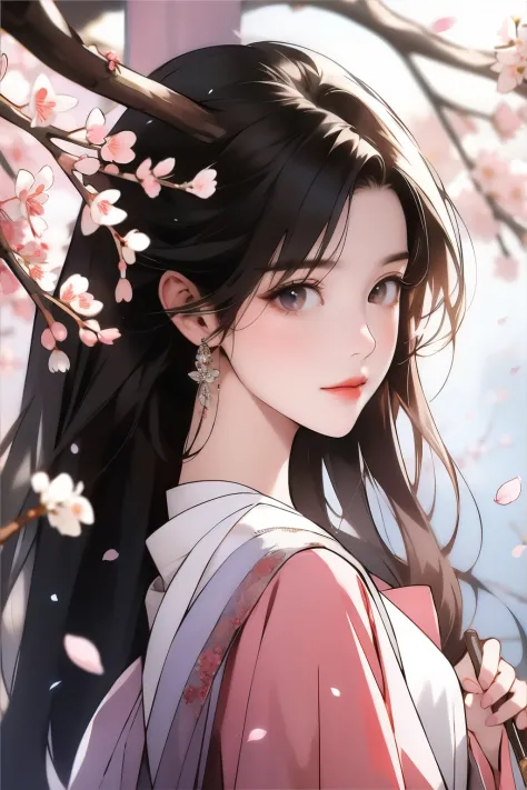 cherry_blossoms, falling_petals, solo,1girl,upper body, looking at viewer,