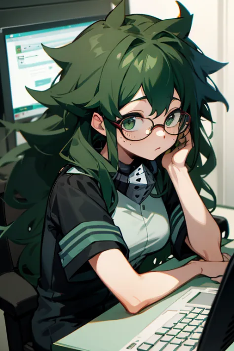 (best quality), a woman izuku midoriya with long curly green hair and green eyes wearing glasses looking at a computer