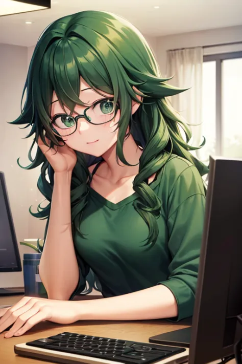 (Best quality), An adult female Izuku midoriya with long curly green hair and green eyes wearing glasses looking at a computer