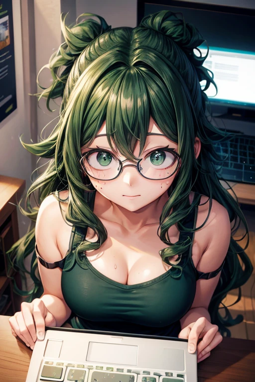 (beste Qualität), Eine erwachsene Frau, Izuku Midoriya, mit langen lockigen grünen Haaren und grünen Augen, trägt eine Brille und schaut auf einen Computer