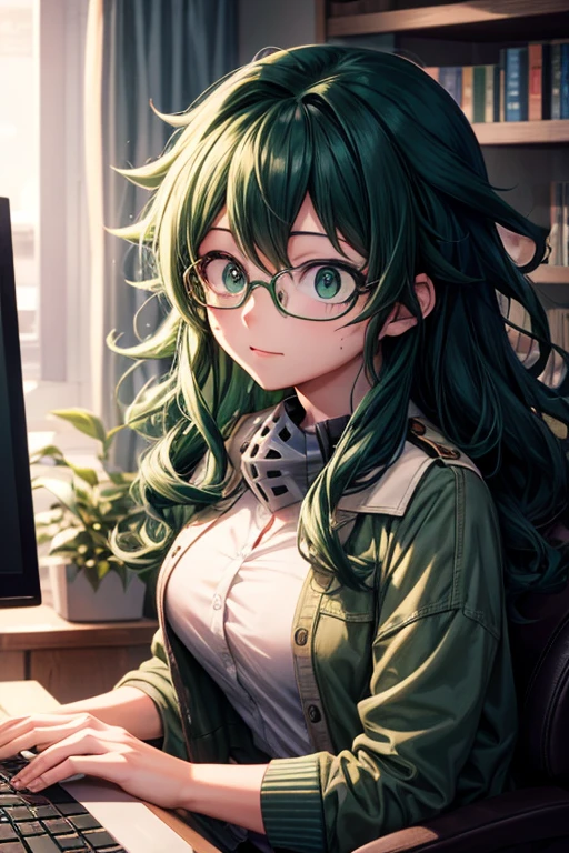 (最好的质量), 一位成年女性 Izuku midoriya 有着长长的绿色卷发和绿色的眼睛，戴着眼镜，正在看着电脑