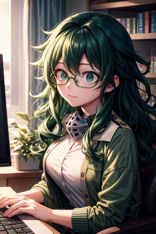 (Best quality), An adult female Izuku midoriya with long curly green hair and green eyes wearing glasses looking at a computer