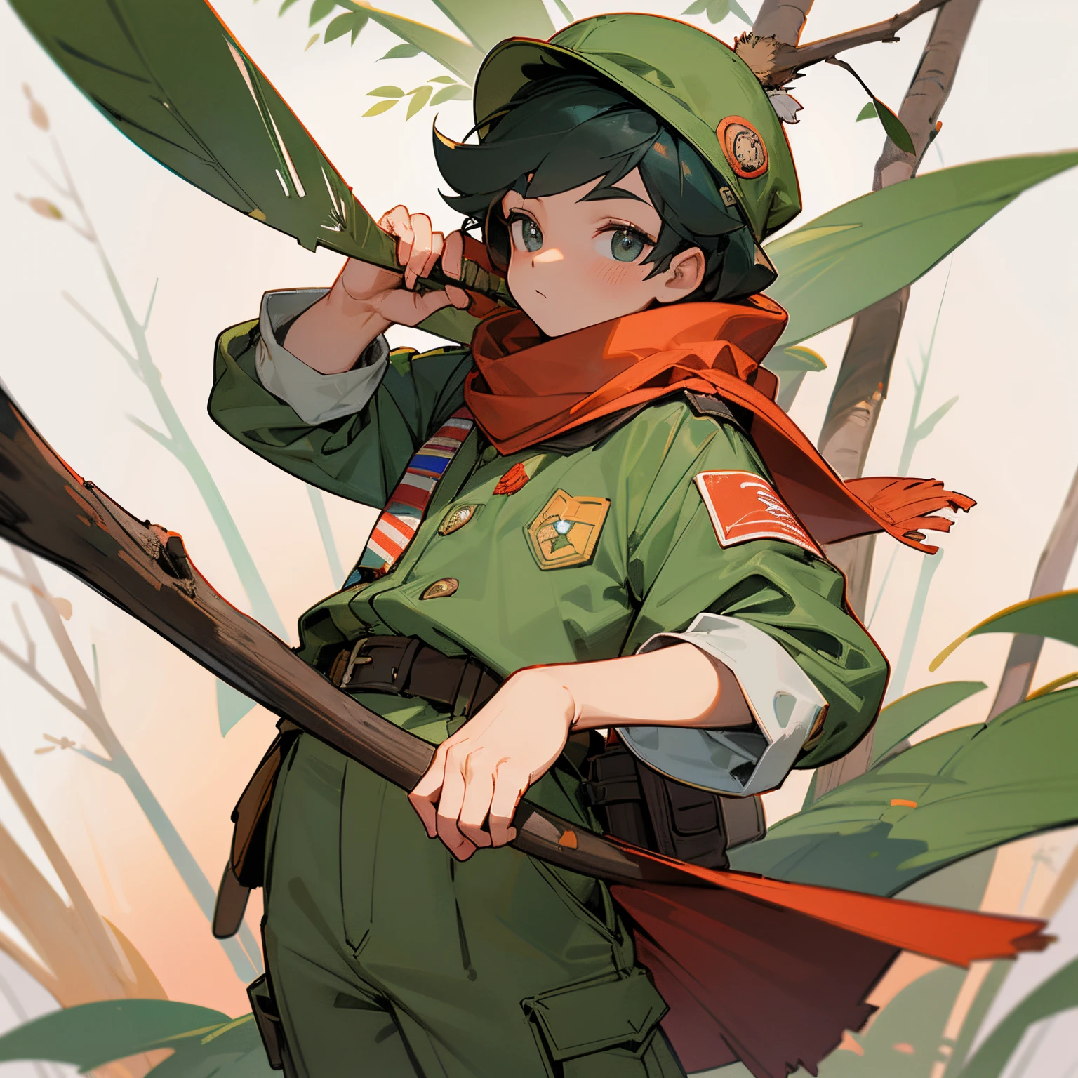 a gnome dressed in a scout uniform and the typical red and white striped scout scarf, is in the typical vegetation of the cerrado, he holds a stick similar to a branch and at the tip it would have a spiral shape, ele tem um rosto fofo e de felicidade, the uniform is an olive green shirt and pants in shades of gray, the typical ranger hat, no uniforme ele tem muitos distintivos de conquista, he is a scout leader,