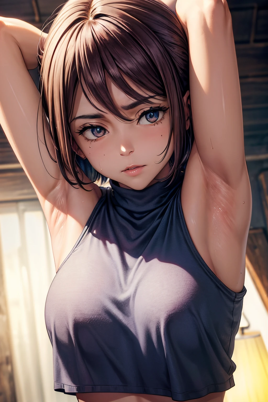 8k high resolution,detailded face,detailed bpdy,perfect body,ultra high quality,1 girl,sleeveless shirt,arms up,armpit, sweating