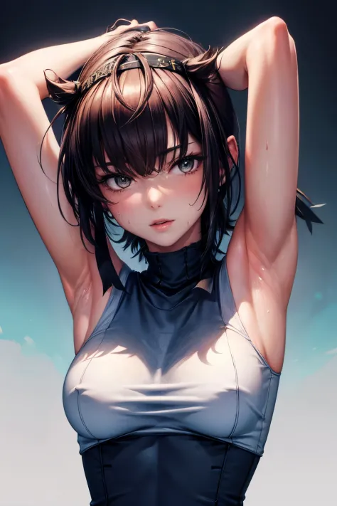 8k high resolution,detailded face,detailed bpdy,perfect body,ultra high quality,1 girl,sleeveless shirt,arms up,armpit, sweating