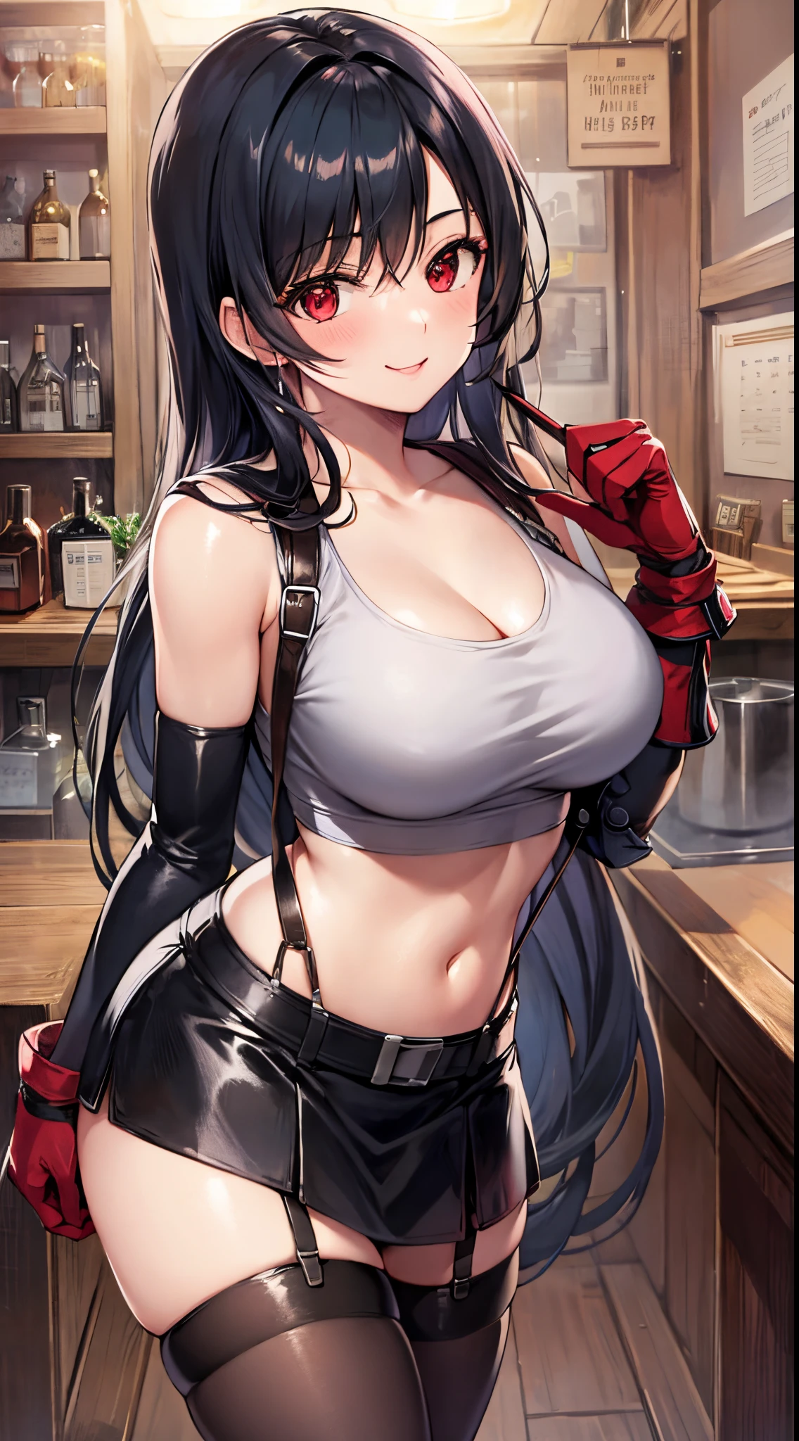 tifa ff7, 1girl, solo, looking at viewer, blush, seductive smile, white tank top, black skirt, suspender skirt, midriff, black thighhighs, red gloves, bra, bent over, head tilt, bar counter,