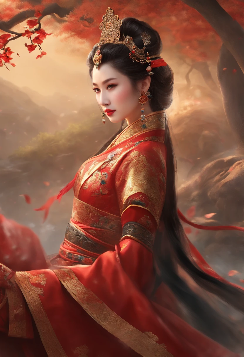 A chinese warrior and a chinese princess fighting a chinese dragon, (best quality,4k,8k,highres,masterpiece:1.2), ultra-detailed, (realistic,photorealistic,photo-realistic:1.37), vivid colors, studio lighting, ancient chinese painting, dynamic action poses, detailed armor and clothing, breathtaking scenery, mystical atmosphere