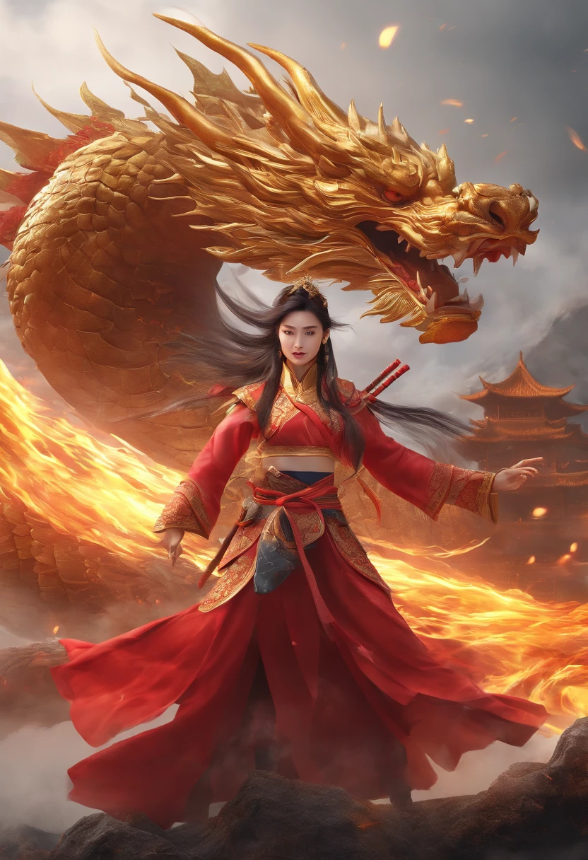 A chinese warrior and a chinese princess fighting a chinese dragon, (best quality,4k,8k,highres,masterpiece:1.2), ultra-detailed, (realistic,photorealistic,photo-realistic:1.37), vivid colors, studio lighting, ancient chinese painting, dynamic action poses, detailed armor and clothing, breathtaking scenery, mystical atmosphere