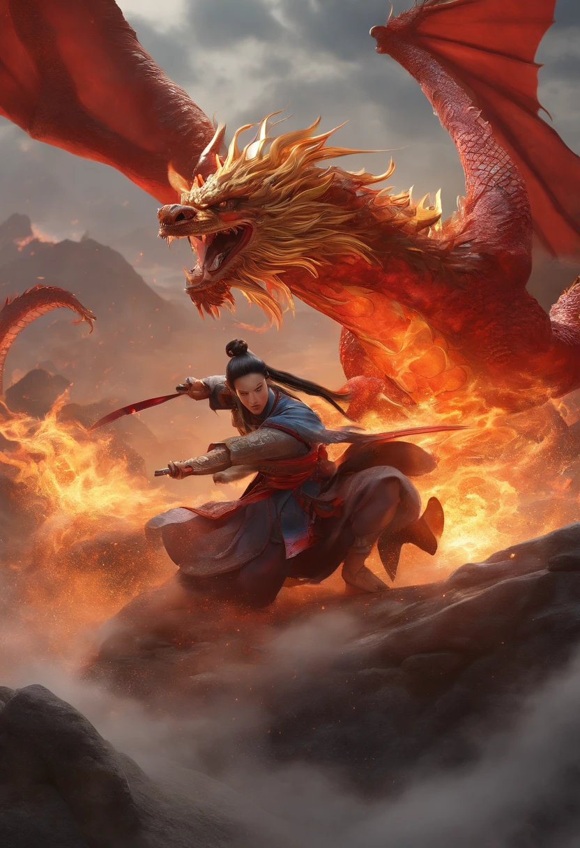 A chinese warrior and a chinese princess fighting a chinese dragon, (best quality,4k,8k,highres,masterpiece:1.2), ultra-detailed, (realistic,photorealistic,photo-realistic:1.37), vivid colors, studio lighting, ancient chinese painting, dynamic action poses, detailed armor and clothing, breathtaking scenery, mystical atmosphere