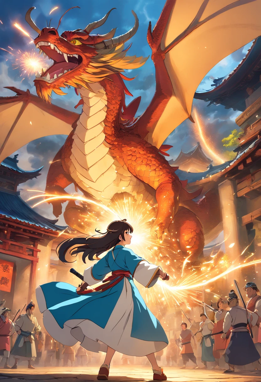 A chinese warrior and a chinese princess fighting a chinese dragon, (best quality,4k,8k,highres,masterpiece:1.2), ultra-detailed, (realistic,photorealistic,photo-realistic:1.37), vivid colors, studio lighting, ancient chinese painting, dynamic action poses, detailed armor and clothing, breathtaking scenery, mystical atmosphere