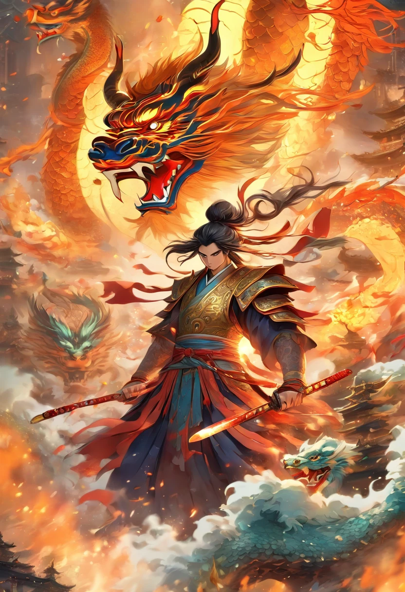 A chinese warrior and a chinese princess fighting a chinese dragon, (best quality,4k,8k,highres,masterpiece:1.2), ultra-detailed, (realistic,photorealistic,photo-realistic:1.37), vivid colors, studio lighting, ancient chinese painting, dynamic action poses, detailed armor and clothing, breathtaking scenery, mystical atmosphere