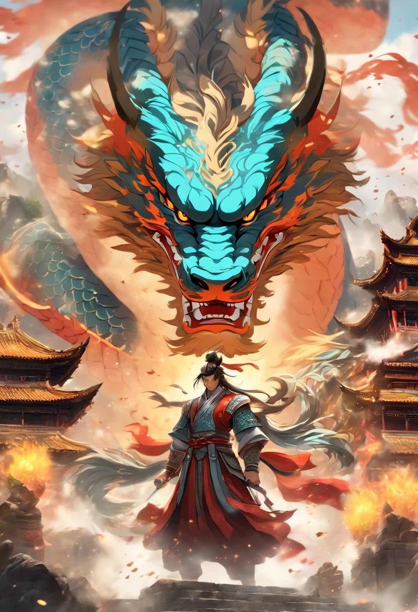 A chinese warrior and a chinese princess fighting a chinese dragon, (best quality,4k,8k,highres,masterpiece:1.2), ultra-detailed, (realistic,photorealistic,photo-realistic:1.37), vivid colors, studio lighting, ancient chinese painting, dynamic action poses, detailed armor and clothing, breathtaking scenery, mystical atmosphere